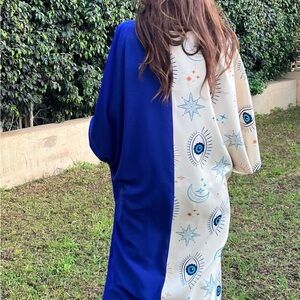 Blue and White Women's Dress with Eye and Star Pattern